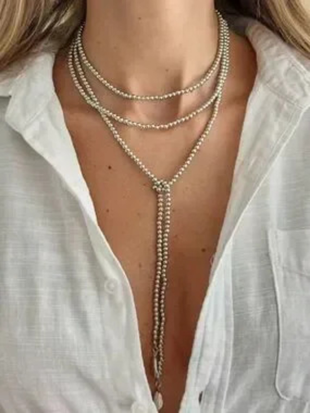 Silver long Layered Beaded Necklace - Women Jewelry